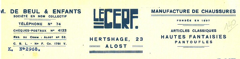 File:Briefhoofd schoenfabriek De Beul & enfants, merk Le Cerf, Aalst, 1942, collectie Eperon d'Or, FSF 08140.jpg