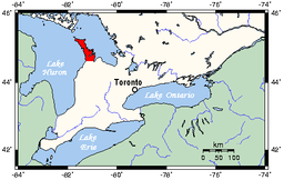 Fathom Five National Marine Park ligger ud for nordspidsen af Brucehalvøen, (markeret med rødt)