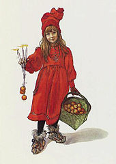 Illustration of girl in a red dress, holding 3 candles in one hand and a basket of apples in the other