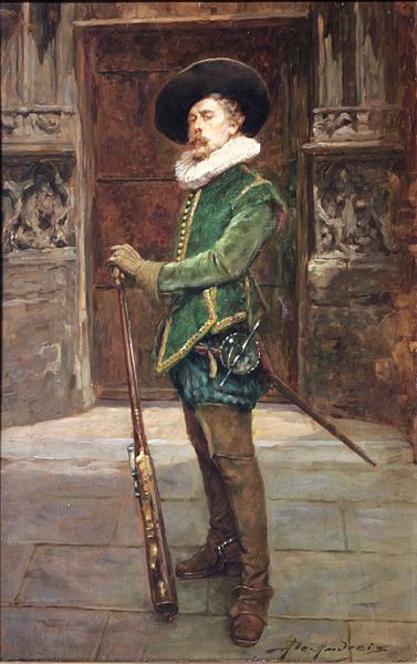 File:Cavalier with a Musket Standing Full Figure Before a Gate by Alex De Andreis.jpg