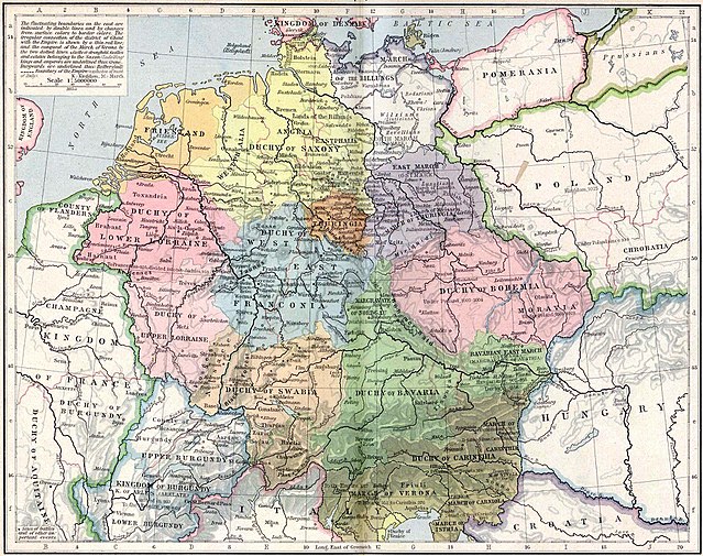 Holy Roman Empire Saxony in yellow (c. 1000 AD)