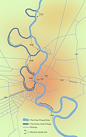 Bangkok's major canals are shown in this map, detailing the original course of the river and its shortcut canals.