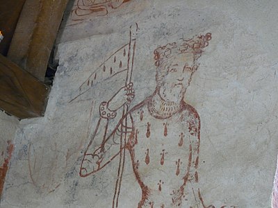 Charles de Blois baron de Mayenne portant l'étendard breton, détail d'une peinture murale de la chapelle Saint-Léonard à Mayenne.