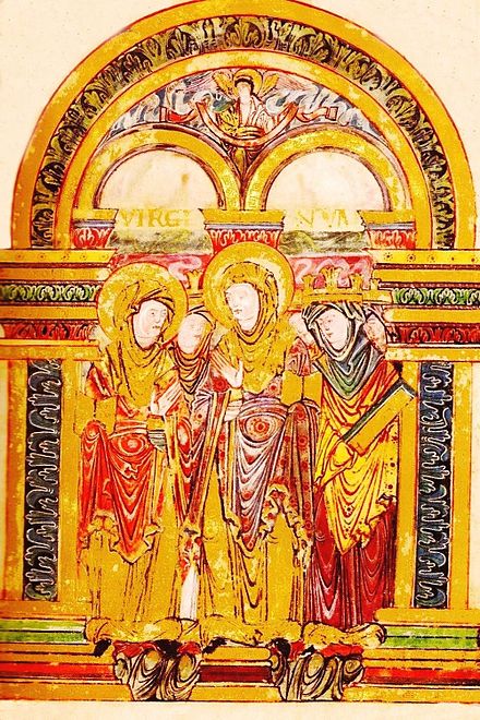 Page from an illuminated manuscript from the late 10th century. The three nuns in front are all holding books, and the middle one appears to be teaching, gesturing to make a point.