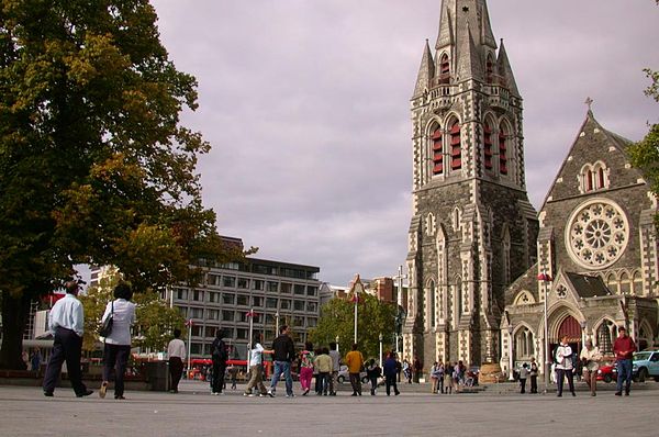 Cathedral Square in Christchurch, with ChristChurch Cathedral in the background prior to the 2011 Christchurch earthquake