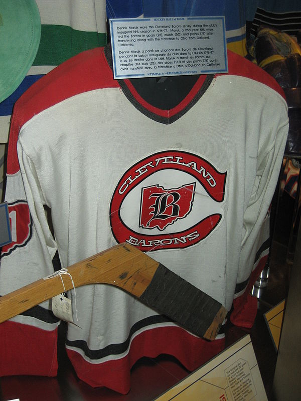 1976–77 Cleveland Barons home jersey at the Hockey Hall of Fame