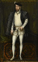 Henry II, here standing on an oriental carpet, continued the policy of Franco-Ottoman alliance of his father Francis I. Painting by François Clouet.