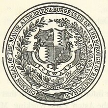 Common seal of the Mayor, Aldermen and Burgesses of the Borough of Birmingham, used after 1838 and until 1889 Common seal of the Mayor, Aldermen + Burgesses of the Borough of Birmingham.jpg