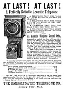 An 1886 advertisement for an acoustic telephone Consolidated Telephone Co. ad 1886.jpg
