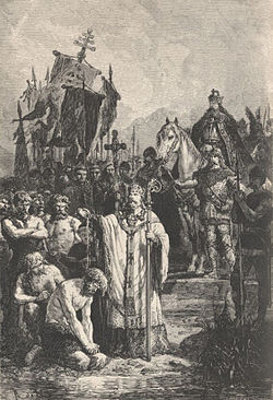Conversion of the Saxons, A. de Neuville, c. 1869 Conversion of the Saxons crop.jpg