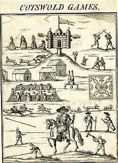 1636 woodcut of the Cotswold Olimpick Games. Two men are shin-kicking (near top right). CotswoldGames01.jpg