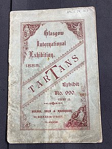 Page with red text and decorative border advertising tartans