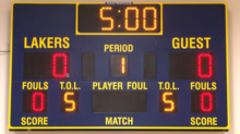 A Daktronics Scoreboard, installed in a high school gymnasium Daktronics Scoreboard Blue and Yellow.png