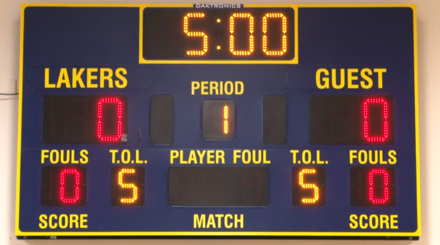 A Daktronics Scoreboard, installed in a high school gymnasium. Used for basketball, volleyball and more (May 2018)