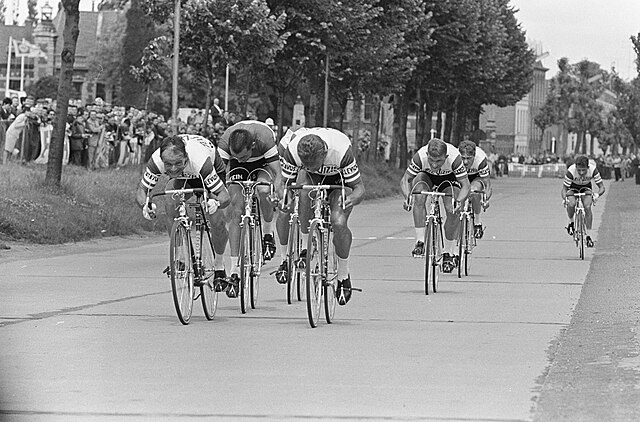 The Televizier–Batavus team during stage three's team time trial in Tournai, Belgium, which they won