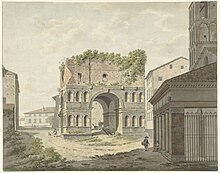 Watercolour by Daniel Dupre, 1790s De boog van Janus quadrifons en een deel van de S. Giorgio in Velabro te Rome, RP-T-1960-188.jpg