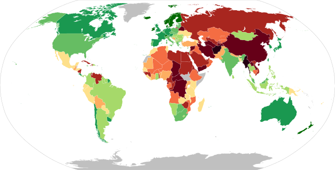 Democracy Index by the Economist Intelligence Unit, 2022.[87] Green countries are democratic, yellow are hybrid regimes, and red are authoritarian governments.