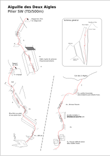 "Topo" of a multi-pitch alpine climbing route on the South West Pillar of the Aiguille des Deux Aigles [pt] (500-metres, grade TD) DeuxAigles-PilierSW.svg