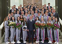 Russian Prime Minister Dmitry Medvedev with medal winners from Russia, 28 February 2018 Dmitry Medvedev with sportspeople (2018-02-28).jpg