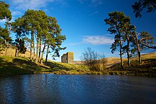 Dryhope Tower in the Landscape; view from Duck Pond Dryhope Tower from Duck Pond - geograph.org.uk - 2318638.jpg