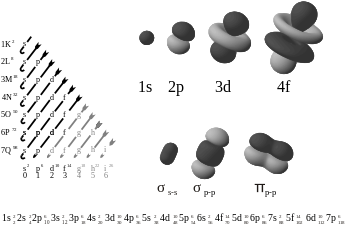 Electron atomic and molecular orbitals. The chart of orbitals (left) is arranged by increasing energy (see Madelung rule). Note that atomic orbits are functions of three variables (two angles, and the distance r from the nucleus). These images are faithful to the angular component of the orbital, but not entirely representative of the orbital as a whole. Electron orbitals.svg