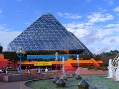 Glass pyramids of Imagination! with the jumping fountains in the foreground.