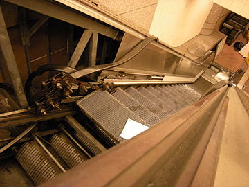 View of escalator steps on continuous chain