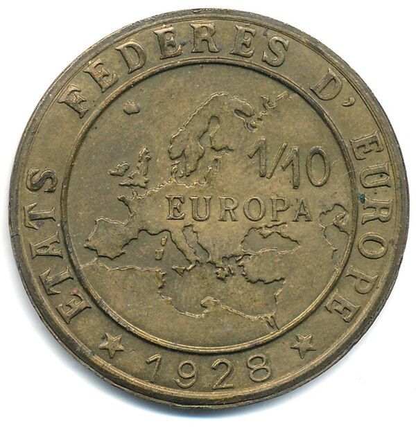 A 1928 Europa coin for the hypothetical "Federated States of Europe" (États fédérés d'Europe)