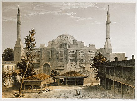 Main (western) façade of Hagia Sophia, seen from courtyard of the madrasa of Mahmud I. Lithograph by Louis Haghe after Gaspard Fossati (1852).