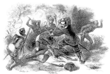 18th-century depiction of militia at the 1637 battle known as the Great Swamp Fight. FairfieldSwampFight.png