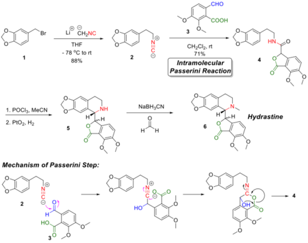 Tập_tin:Falck’s_total_synthesis_of_hydrastine,_the_mechanism_of_the_Passerini_reaction_for_synthesis_of_the_key_intermediate_is_also_illustrated.png