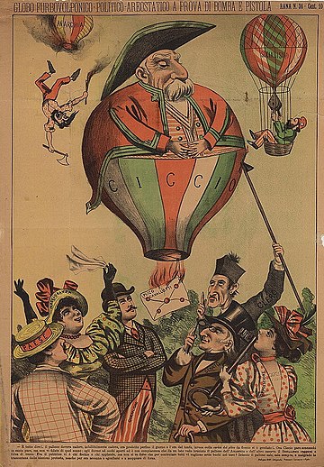 Caricature of Crispi shown as a balloon Ciccio (fat) hovering above a group of men and women representing the country.