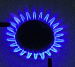 Flamme bleutée caractéristique de la combustion du gaz naturel