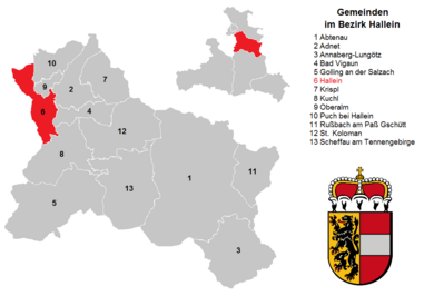 District map divided per municipalities (click to enlarge) Gemeinden im Bezirk Hallein.png
