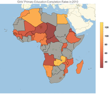 Girls' primary education completion rates for countries in Africa. Source data: MCC Open Data Catalog, FY 2014. Girls'PrimaryEducationCompletionRates regional.png