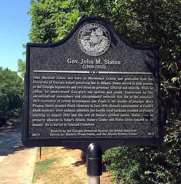 Georgia Historical Society marker for Governor John M. Slaton