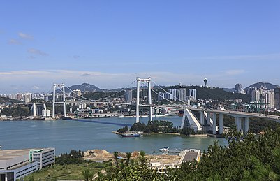 Photograph of Haicang District, Xiamen City, the original location for the proposed PX plant. Haicang Bridge,Puente de Haicang (9172145021).jpg