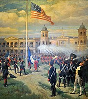 The French flag is removed and the American flag is hoisted in New Orleans after the Louisiana Purchase. In the background can see the former appearance of the Cathedral of New Orleans of Spanish factory, built in 1794 during the Spanish rule. At the left is the Spanish Cabildo. Louisiana State Museum. Handover ceremony of Lousiana.jpg