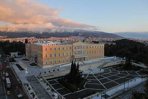 The building of the Hellenic Parliament (Old Royal Palace) in central Athens.