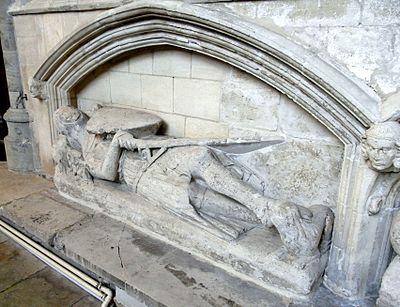 Effigy commonly supposed to represent Henry de Raleigh (d.1301), the westernmost of an adjacent pair of so-called "crusader" effigies, north wall of south choir aisle/ambulatory, Exeter Cathedral HenryDeRaleighExeterCathedral.JPG