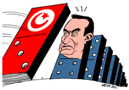 « Le prochain est Moubarak » : caricature montrant l'effet domino de la Révolution tunisienne.