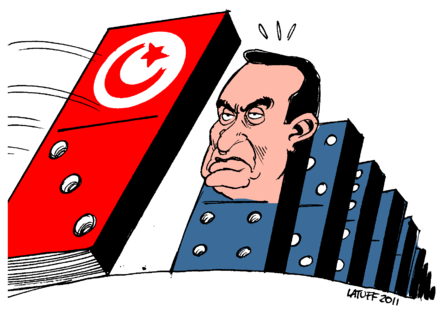 Political cartoon by Carlos Latuff applying the domino theory to the Arab Spring.