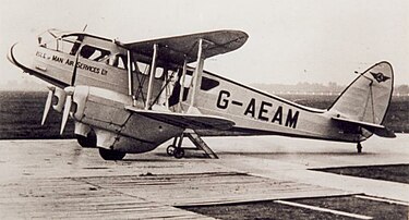 Isle of Man Air Services DH.89 Dragon Rapide at Manchester (Ringway) Airport in 1939. IOMAS Rapide Ringway 1939.jpg