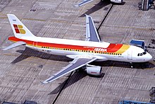 The Airbus A320 is a low-wing airliner with twin turbofans and a conventional tail. Iberia Airbus A320 EC-HAD.jpg