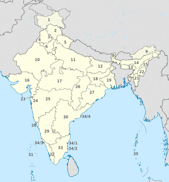 File:India (+claimed by others hatched), administrative divisions - Nmbrs - monochrome.svg