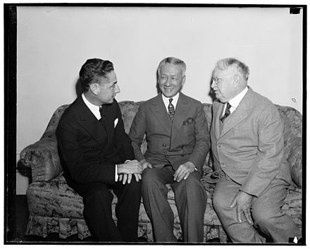 Philippine Commissioner J.M. Elizalde with future Philippine president Sergio Osmena and John W. Hausermann, (a Republican Party leader and goldmine owner in the Philippines), in 1938 or 1939, Library of Congress