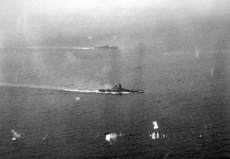 File:Japanese battleship Yamato and a heavy cruiser underway during the Battle off Samar, 25 October 1944 (80-G-378525).jpg