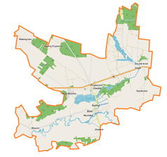 Mapa konturowa gminy Jeziorzany, blisko centrum na dole znajduje się punkt z opisem „Jeziorzany”