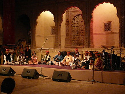 Group of Dharohar folk musicians performing in Mehrangarh Fort, Jodhpur, India