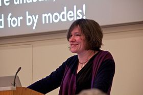 Julianne Dalcanton presenting at the Royal Astronomical Society in 2012. Julianne Dalcanton.jpg